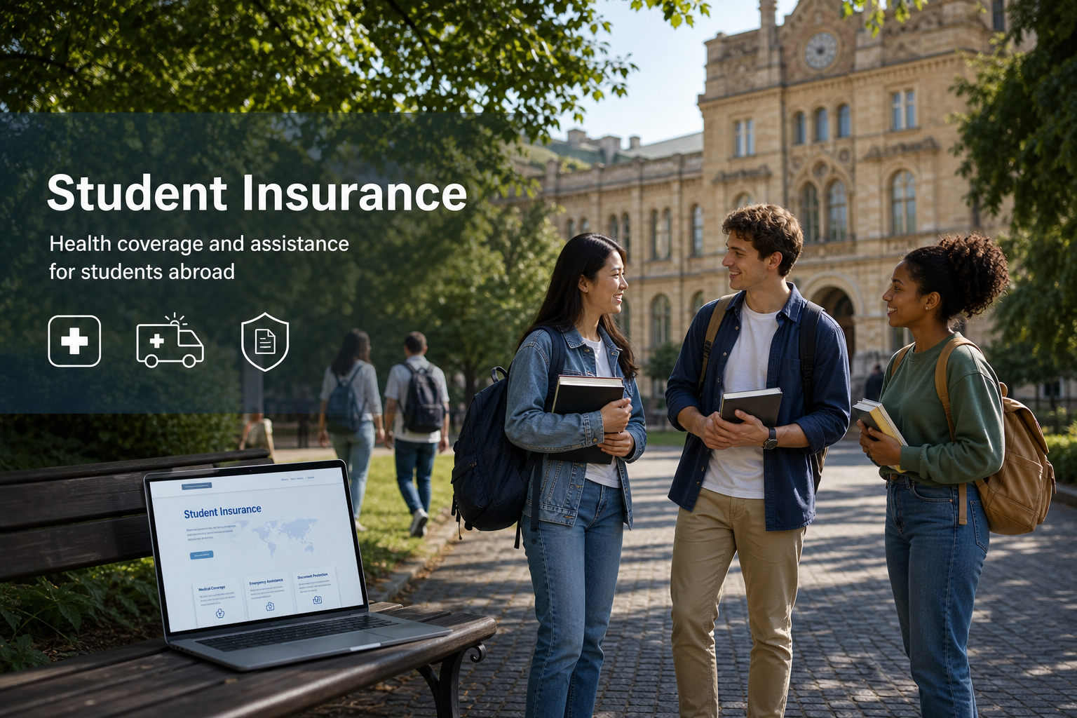 University Campus Student Discussion with Student Insurance Text Overlay